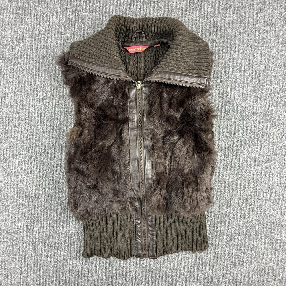 Jennyfer Sweater Vest Womens Medium Brown Rabbit‎ Fur Faux Leather Zip Front